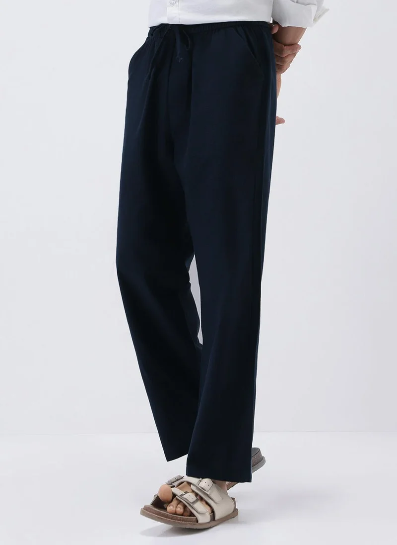 Urbano Fashion  Urbano Fashion Men's Navy Loose Fit Solid Linen Blend Trousers Non-Stretchable for Men | Best Price UAE